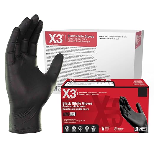 X3 Black Nitrile Disposable Industrial Gloves 3 Mil, Latex/Powder-Free Food-Safe, Non-Sterile, Textured, Box of 100
