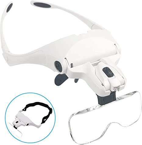 Head Mount Magnifier with 2 LED Light (5 Clear Magnifying Lenses) - Battery Operated