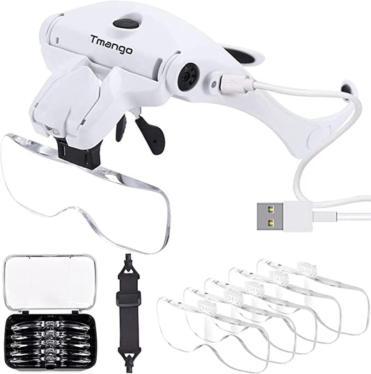 Head Mount Magnifier with 2 LED Light (5 Clear Magnifying Lenses) - Rechargable USB Battery